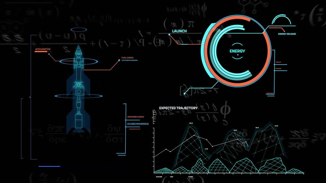 Animation showing rocket launch data with energy levels and trajectory graphs