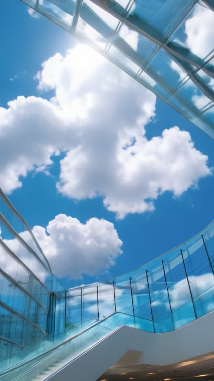 Uma vista magnífica do céu repleto de nuvens fofas brilhando sob a luz solar intensa, emoldurado por arquitetura elegante de vidro, exibindo design contemporâneo e natureza.