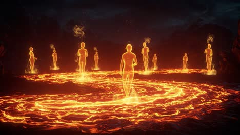a surreal journey through fiery landscapes: ethereal figures emerge from lava in a mystical dance of light and energy amidst dark mountains and volcanic eruptions