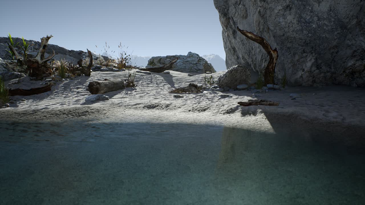 바다 의 바위 절벽 근처 에 있는  ⁇  모래 해변