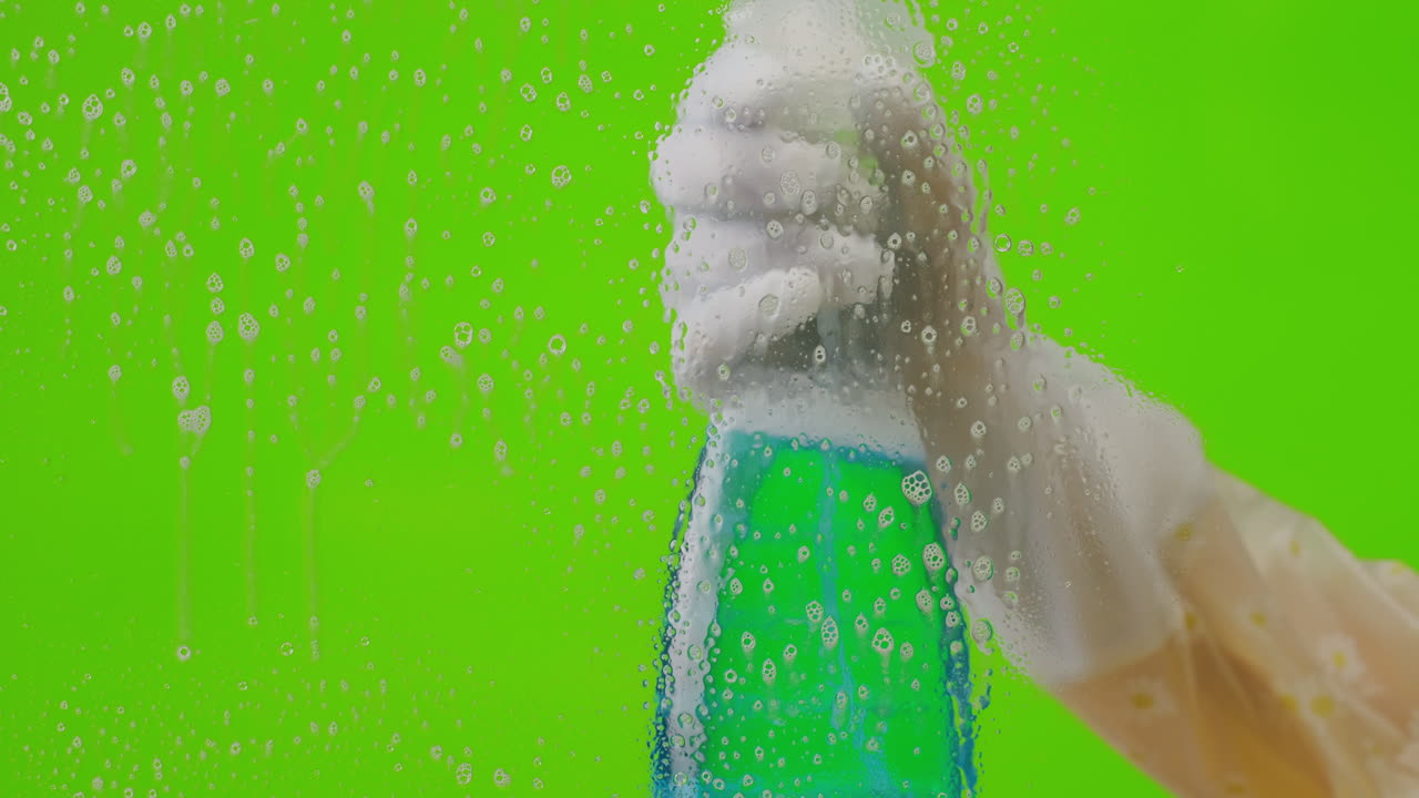 緑の背景に洗剤をスプレーする手袋をはめた手。