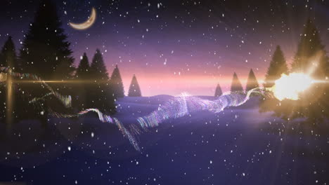 composición de video con nieve cayendo sobre escena de invierno por la noche con rastro de estrellas
