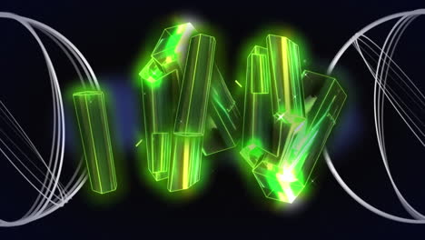 animación de un grupo de formas metálicas verdes sobre anillos blancos de carga de datos sobre fondo negro