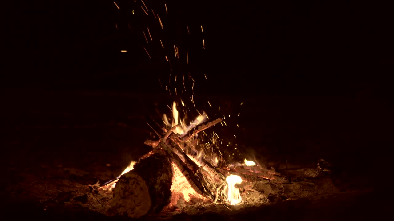 Campfire, black background, night.