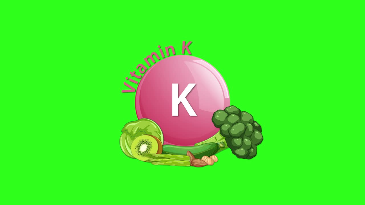 A pink Vitamin K capsule animates in, joined by broccoli, lettuce, cucumber, and kiwi, on a vivid green background with smooth, simple transitions