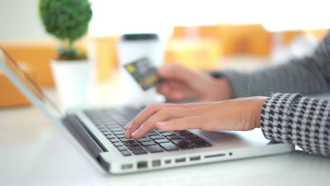 hands of young woman typing on laptop credit card numbers, shopping online concept, close up