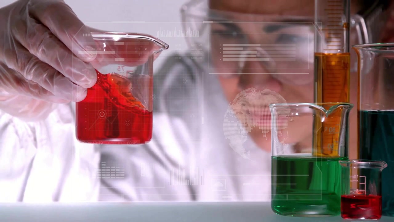 Female chemist lifting beaker at bench for analysis, swirling red fluid with animated data overlays