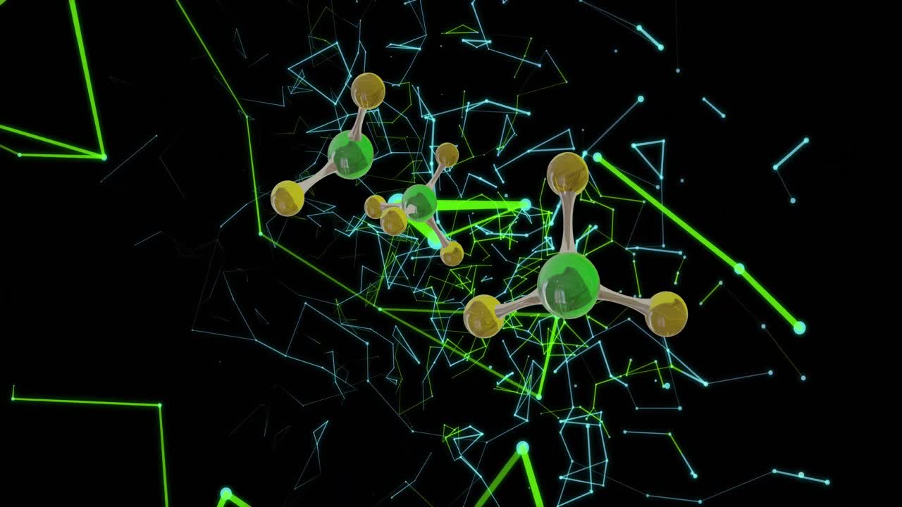 Animation of 3d micro of molecules and connections on black background