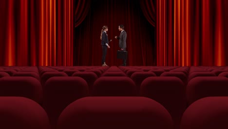 Animation-of-red-curtain-opening-in-theater-and-caucasian-female-and-male-actors