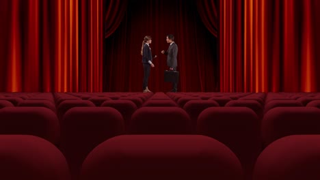animation of red curtain opening in theater and caucasian female and male actors
