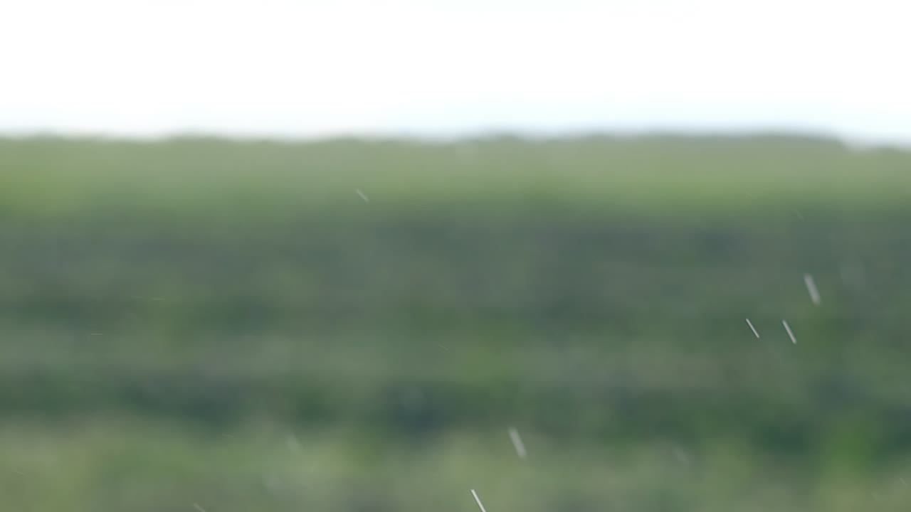 유리 안을 통해 작은 물방울이 비가 오는 날씨에 떨어집니다.