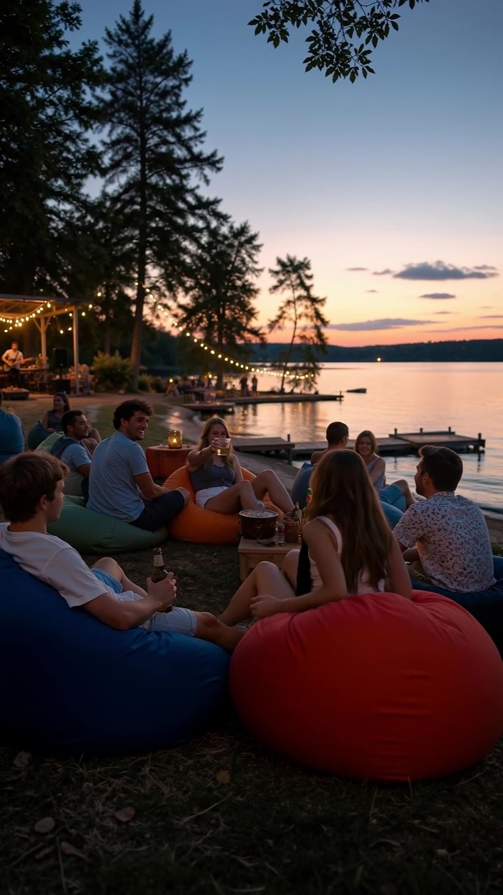 Gruppo di amici che si rilassano su pouf in riva al lago al tramonto
