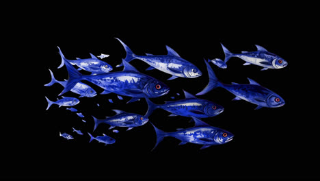 Blue fish swimming in harmony animation isolated asset, transparent 4K video, alpha channel, ProRes