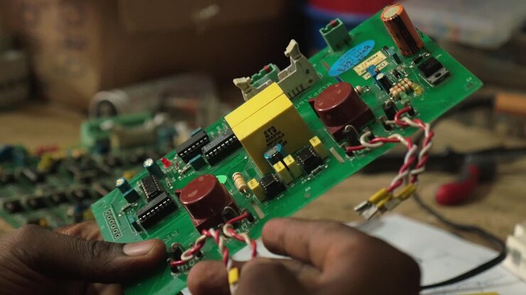 Reparation af elektronisk printkort udført af teknikerhænder på et værksted i Yaound.