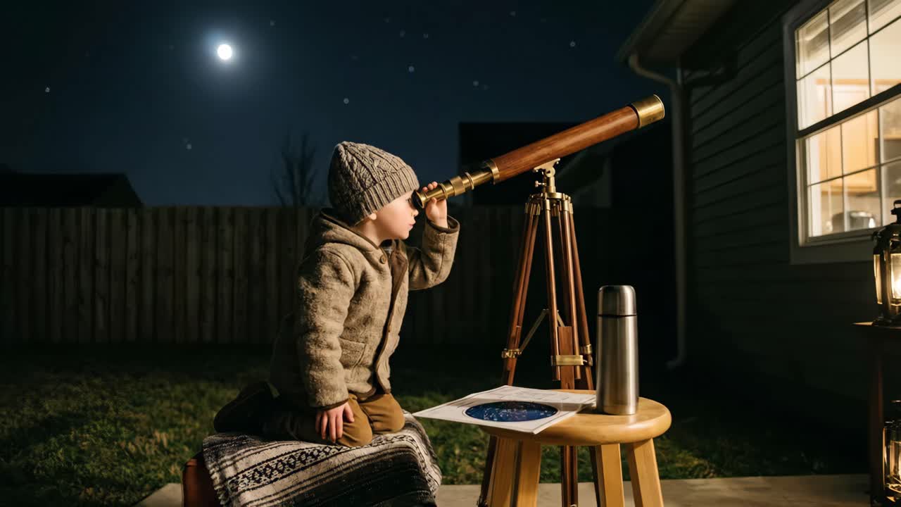Ragazzino che osserva le stelle con un telescopio nel suo cortile di notte