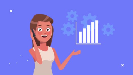elegant successful businesswoman with statistics bars and gears