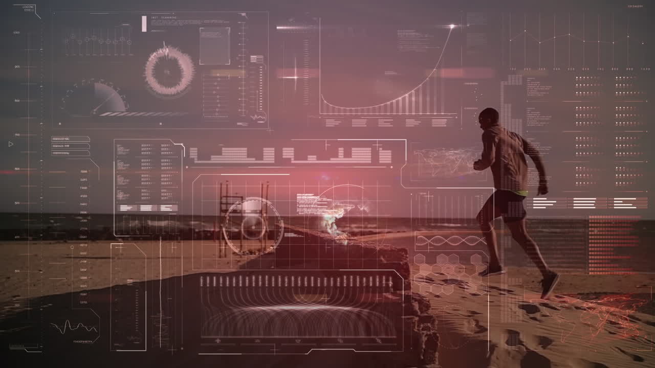 Computer interface with data processing against african american man running at the beach