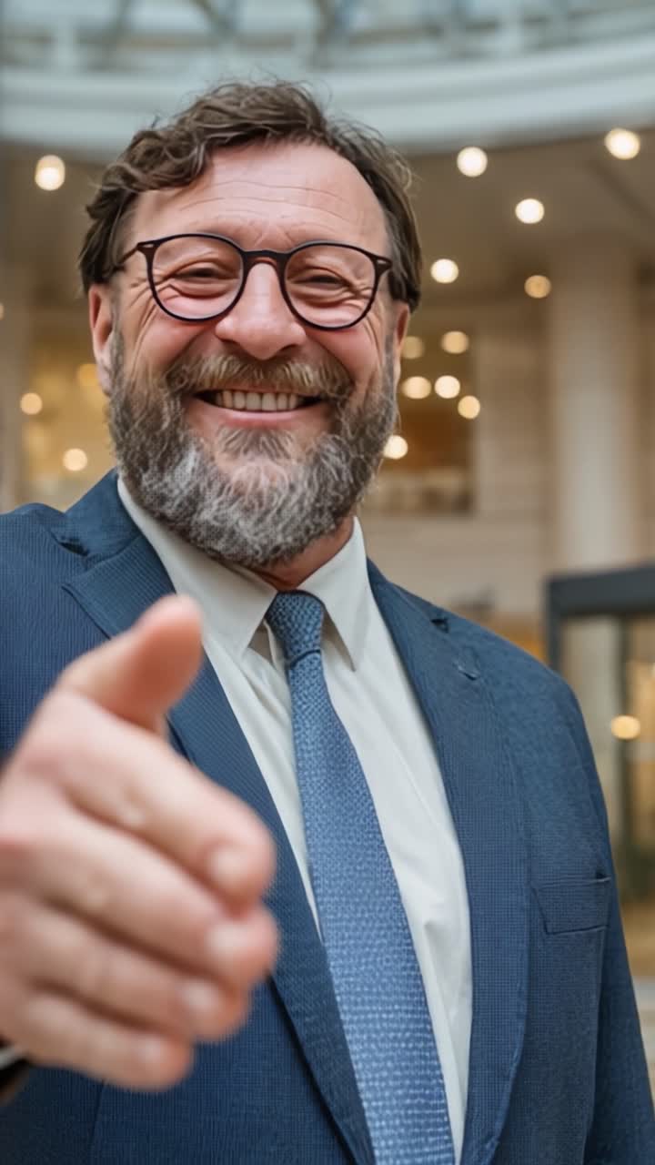 Un dirigente sorridente che offre una stretta di mano calorosa in un moderno ambiente d'ufficio, catturando l'essenza di professionalità, disponibilità e comunicazione coinvolgente.