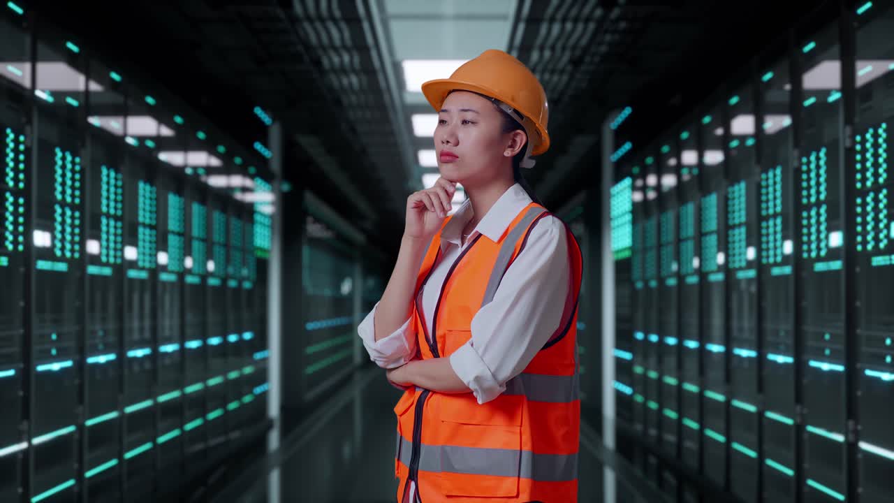 Ingegnera asiatica con casco di sicurezza che pensa a qualcosa e si guarda intorno mentre è in piedi nella sala server di un data center