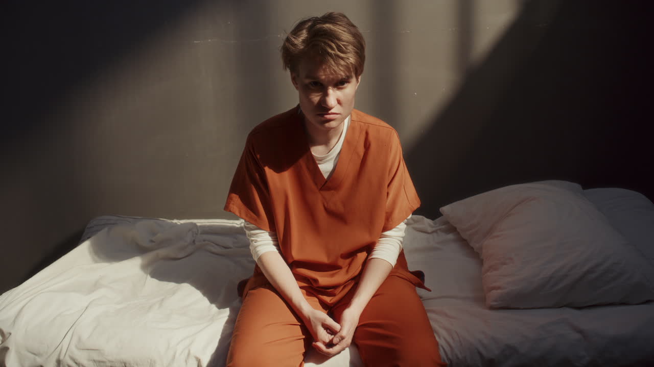 Portrait of Female Prisoner Sitting on Bed, Staring Seriously at Camera