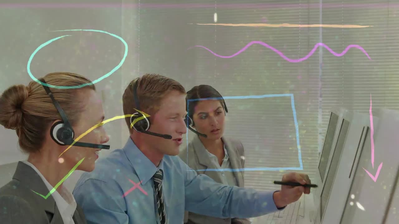 animación de dibujos digitales sobre personas de negocios usando auriculares de teléfono