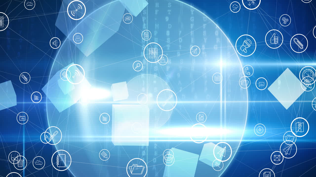 전 세계를 배경으로 디지털 아이콘으로 연결하는 네트워크의 애니메이션