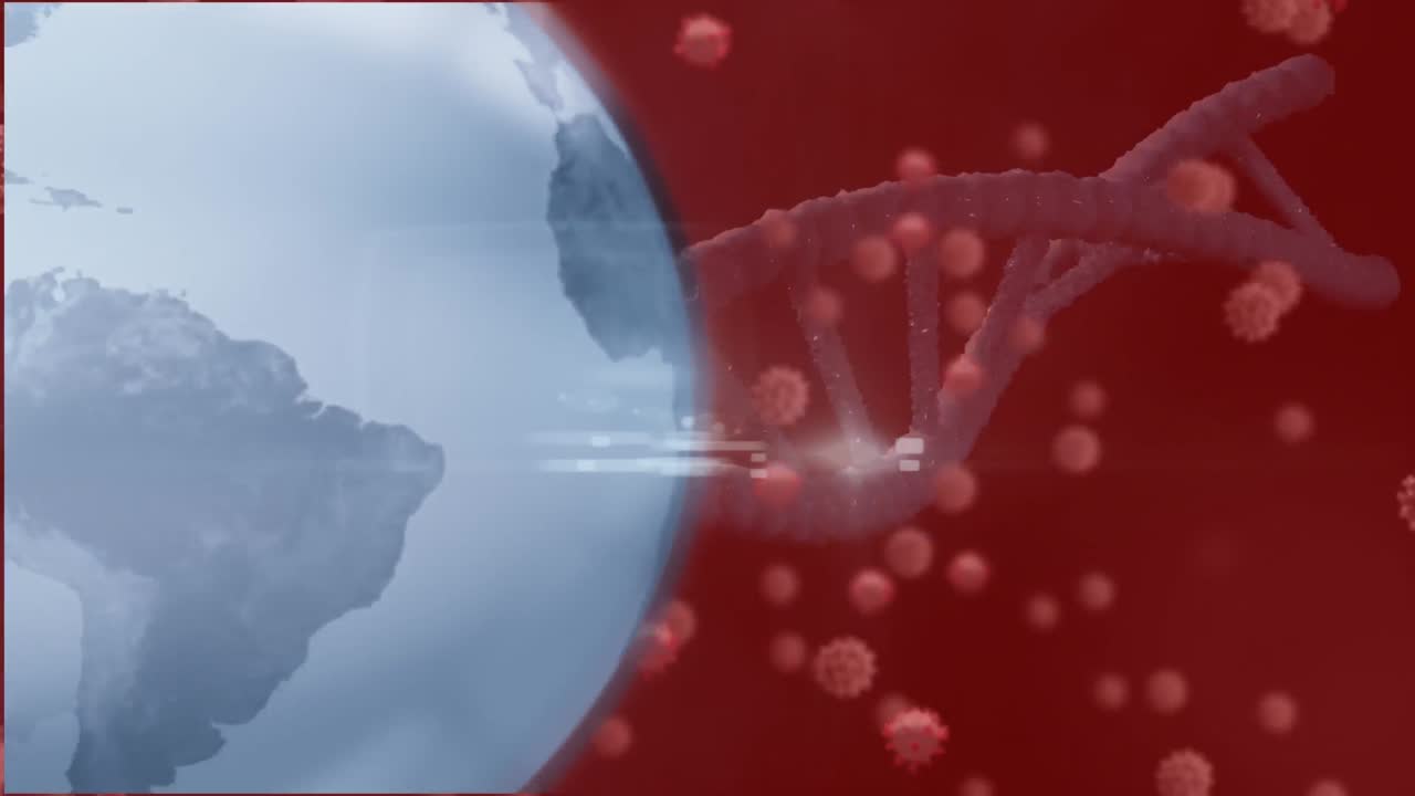 갈색 바탕에 생물학적 세포 사이에서 회전하는 지구와 gna 나선의 애니메이션