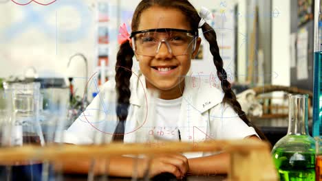 mathematical equations floating against girl wearing protective glasses in laboratory