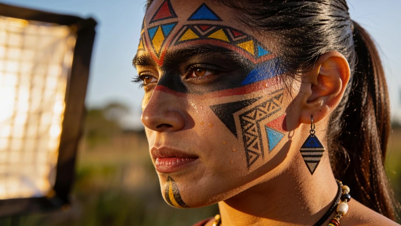 Eine Frau mit geometrischer Bemalung posiert für ein Fotoshooting auf einem Feld zur goldenen Stunde, ihre Augen bewegen sich, eine Softbox ist sichtbar.