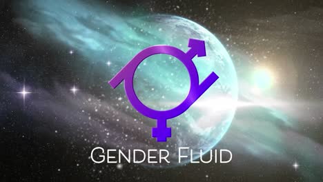 Animation-of-gender-fluid-text-with-sign-over-globe-against-sun-and-stars-in-space