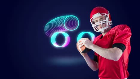 Animation-of-caucasian-american-football-player-with-ball-over-neon-circles