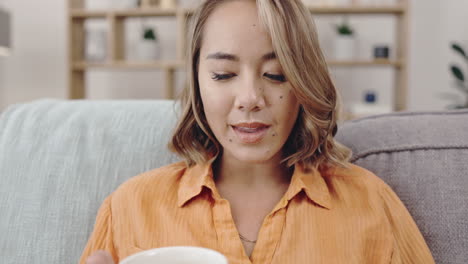 woman, thinking and home drinking coffee