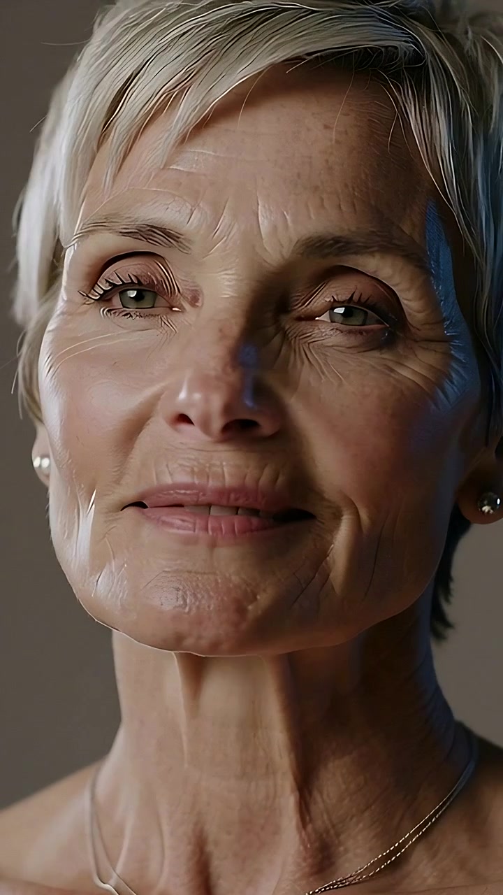 Vídeo vertical: Mulher na casa dos 60 anos abrindo os olhos sob comando, posando, movendo o olhar no set exibindo pérolas, sem alças