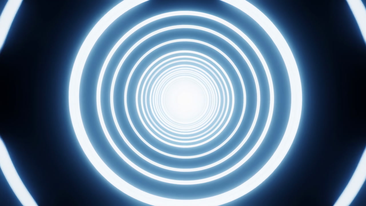 Glowing Neon Tunnel Portal Spirals Inward, Concentric Luminous Rings Converge Toward Bright White Center, Cool