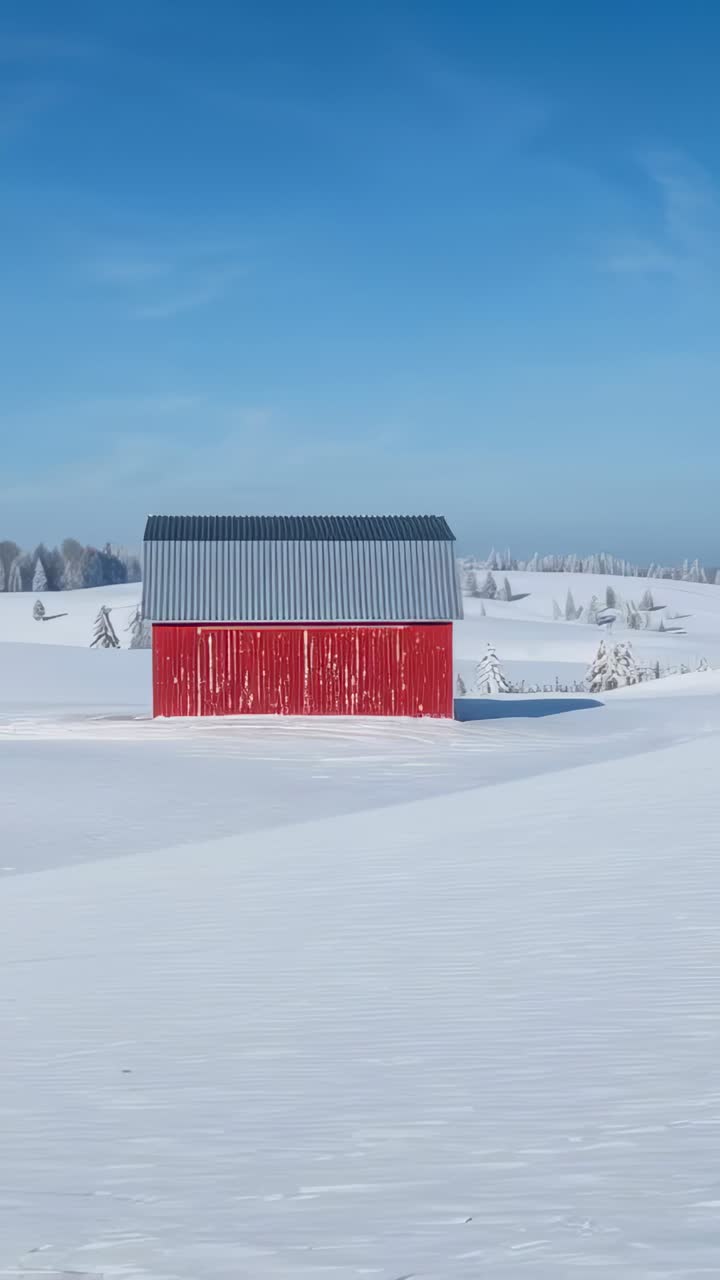 Vertical video: Moving camera edging closer to red barn in deep snow, revealing metal roof shadow