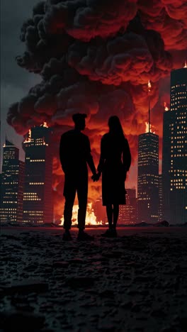 a couple stands amidst a burning city