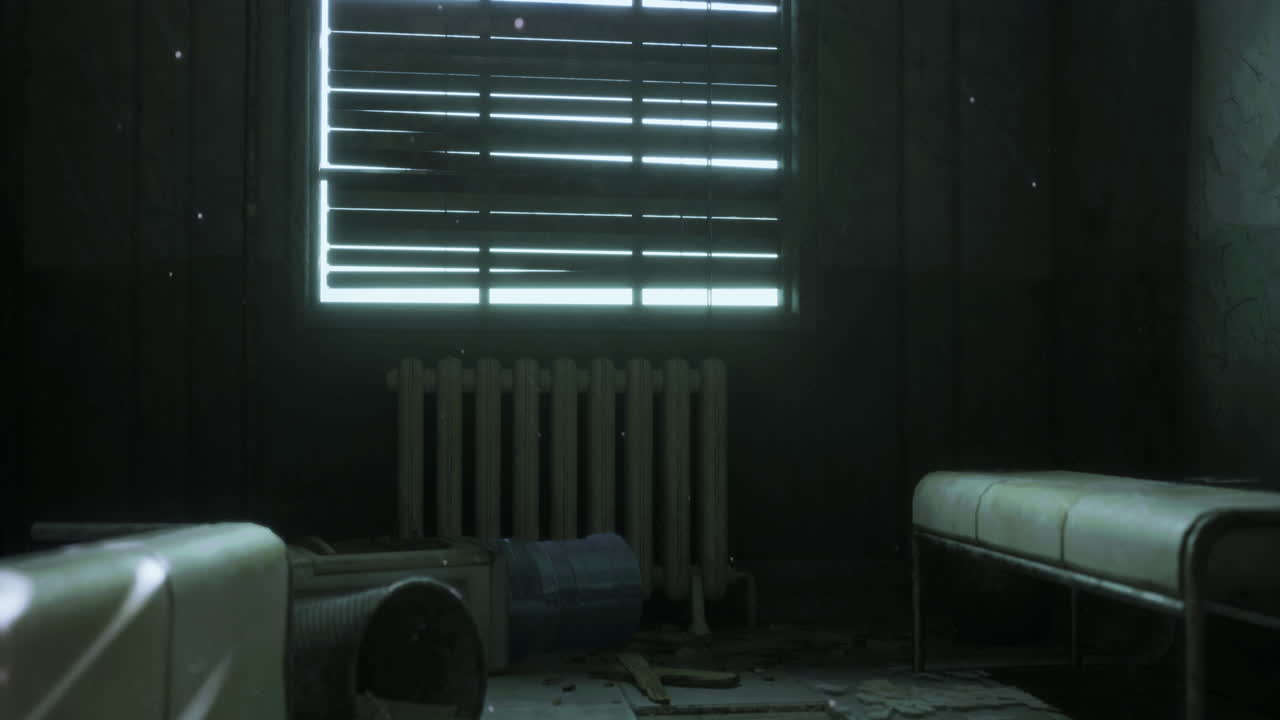 Abandoned room with broken blinds and dust particles in eerie atmosphere