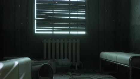 abandoned room with broken blinds and dust particles in eerie atmosphere