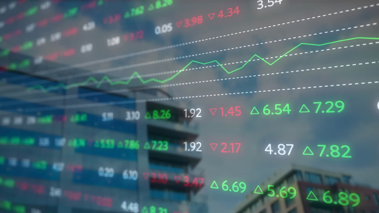 animación del procesamiento de datos financieros sobre el paisaje urbano