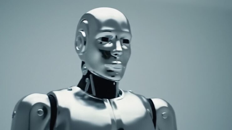 Uno sguardo al futuro: esplorando il design e la struttura sofisticati di un robot umanoide cromato catturato in due fotogrammi distinti