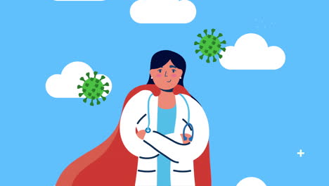 female doctor with hero cloak and covid19 particles