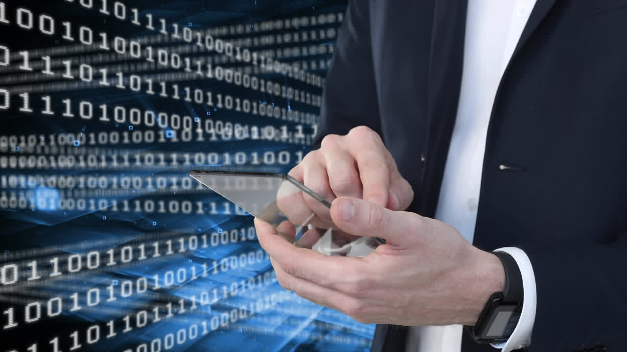 animación de un hombre caucásico usando un teléfono inteligente interactivo 3d sobre números flotantes