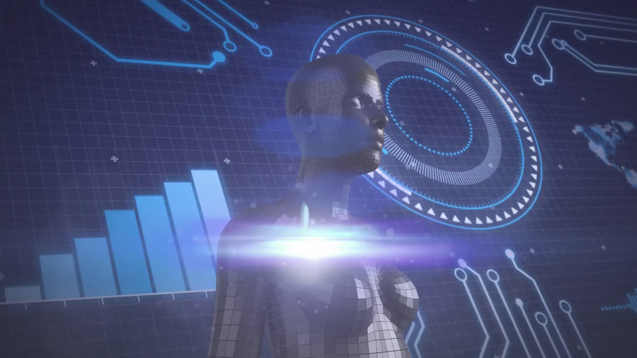 Animation of human body and scientific data processing over blue background
