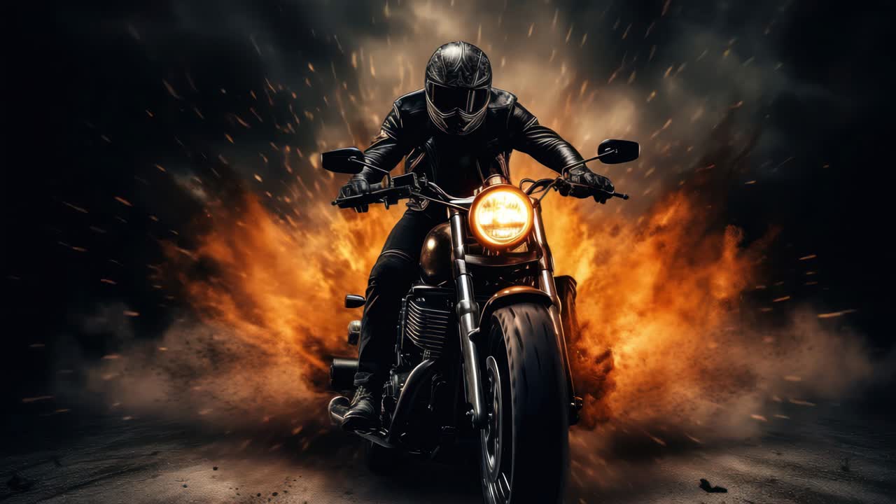 Plan dynamique en contre-plongée d'un motard roulant à vive allure à travers une fumée ardente, capturant une vidéo cinématographique