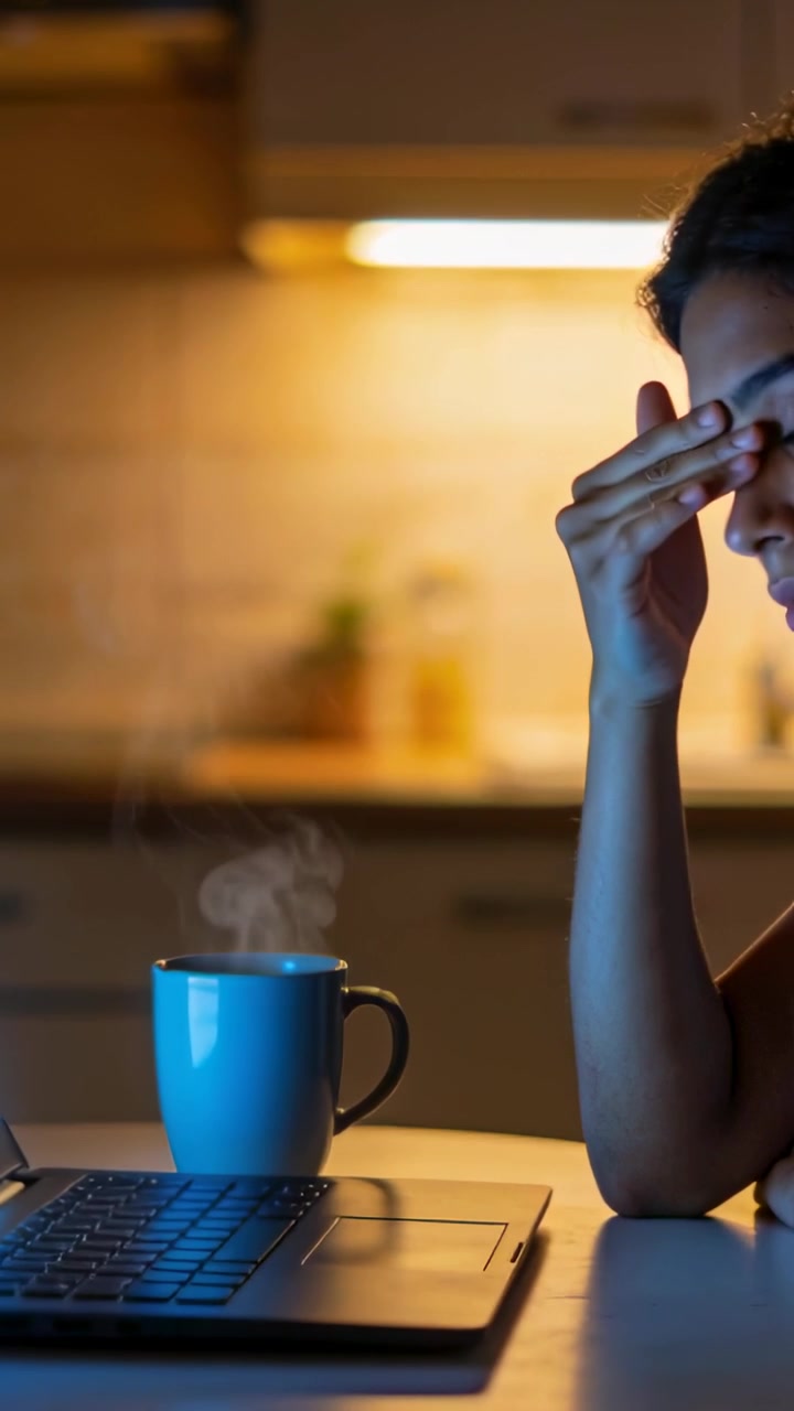 Vertical video: Rubbing eyes late, woman in tank in kitchen with laptop and mug for rest