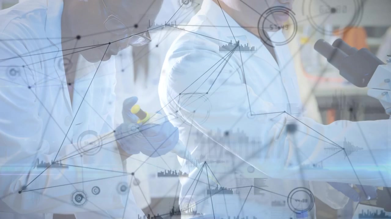 Animação de rede de conexões com ícones sobre dois cientistas em laboratório