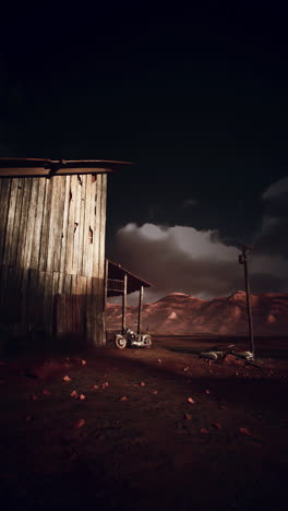 a lone abandoned building in the desert with a motorcycle parked in front of it