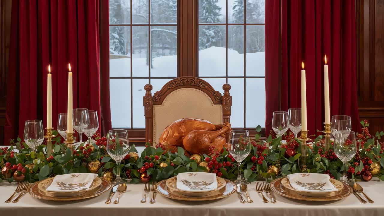 Camera capturing flickering candlelight lighting roasted turkey on dining table, evergreen garland