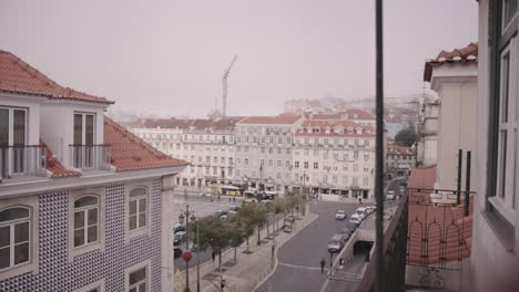 shot of bus station and square in center of old european city