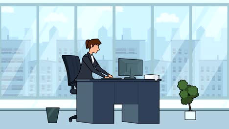 flat cartoon businesswoman happy character workplace near computer office animation